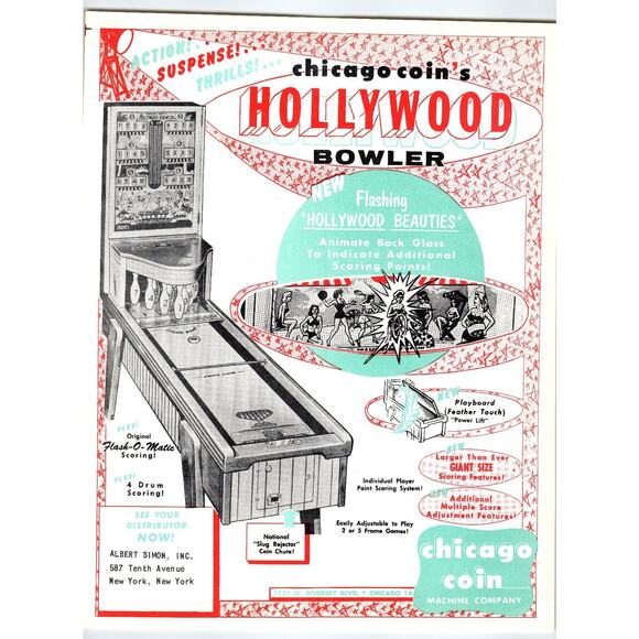 Vintage 1950s Chicago Coin Hollywood Bowler Arcade Game Flyer - Picture 1 of 2